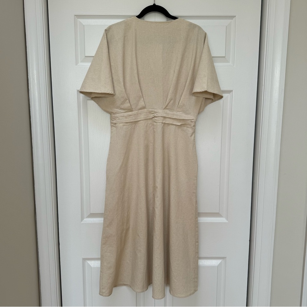 Linen Blend Ruffle Ruched Midi Dress - Picture 4 of 5